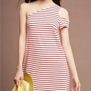 Anthropologie Maeve Red White‎ Striped One Shoulder Dress Size Small